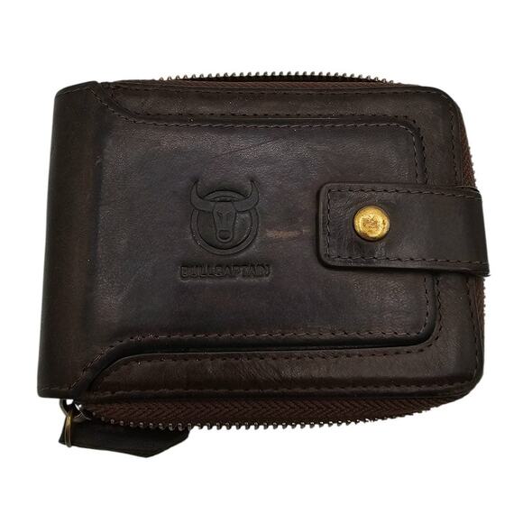 Bull Captain - Mens Zip Open Genuine Leather Wallet Brown - Picture 1 of 6